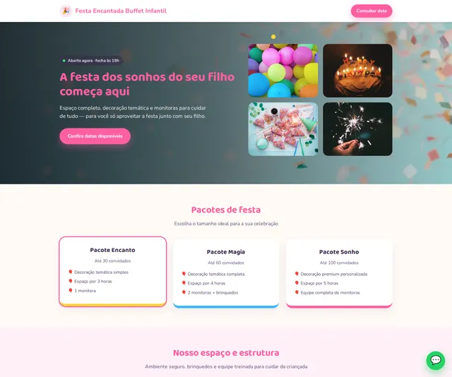 Captura desktop real da demo Buffet e Casa de Festas Infantil