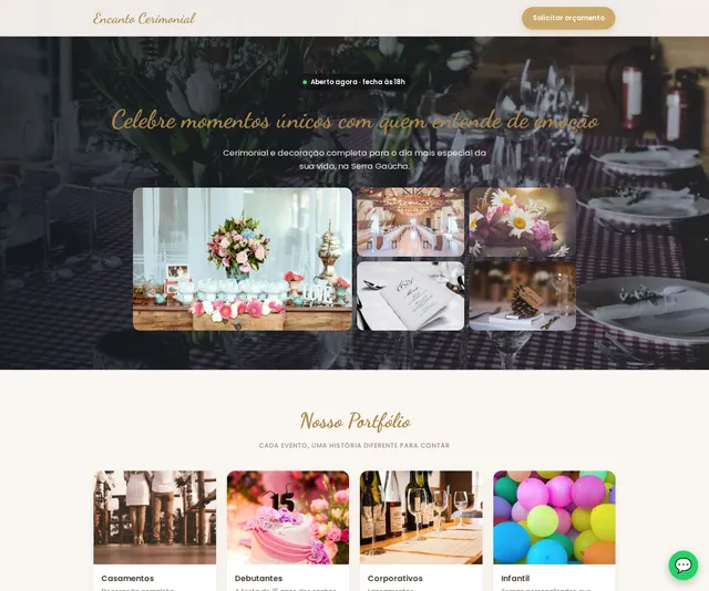 Captura desktop real da demo Cerimonial e Decoração de Eventos