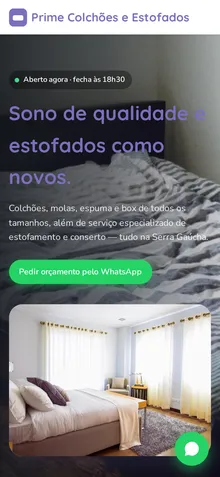 Captura mobile real da demo Colchoaria e Estofados