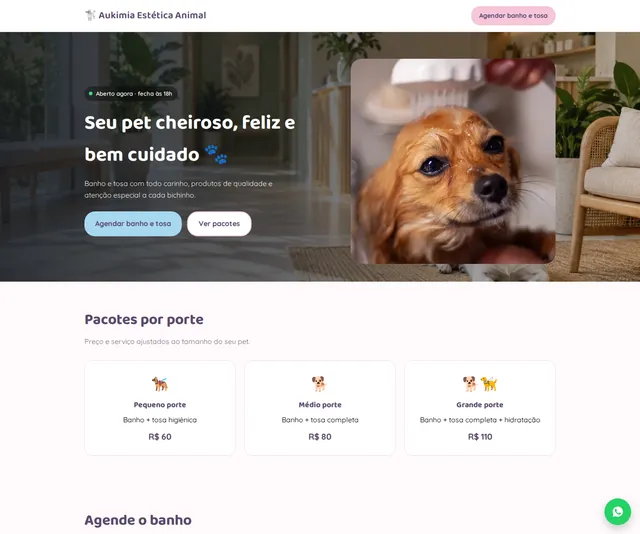 Captura desktop real da demo Estética Animal e Banho e Tosa