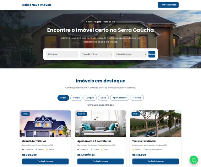 Captura desktop real da demo Imobiliária