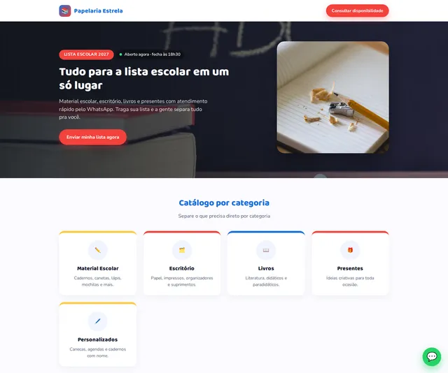 Captura desktop real da demo Papelaria e Livraria