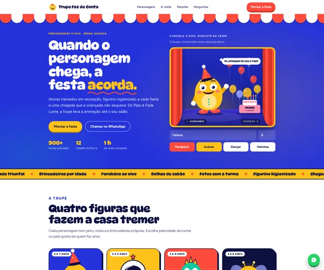 Captura desktop real da demo Personagem Vivo e Animação de Festas Infantis