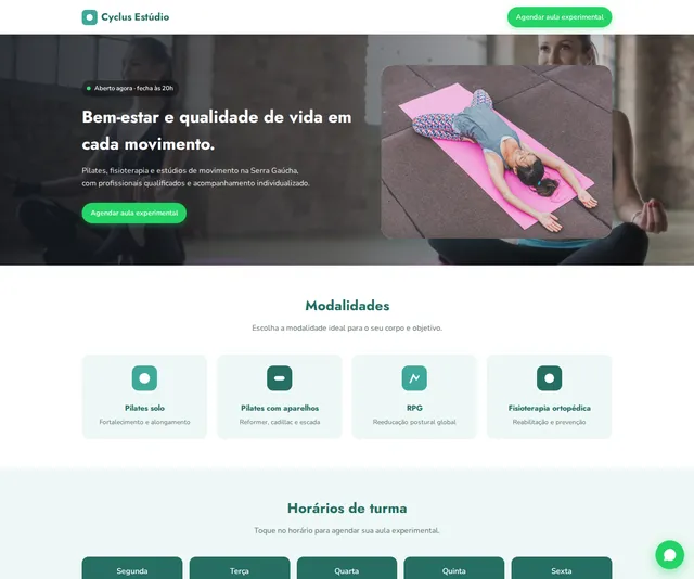 Captura desktop real da demo Pilates, Fisioterapia e Estúdios de Movimento