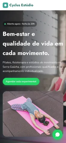 Captura mobile real da demo Pilates, Fisioterapia e Estúdios de Movimento