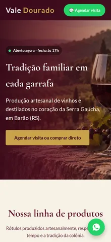 Captura mobile real da demo Vinícola e Destilaria Artesanal